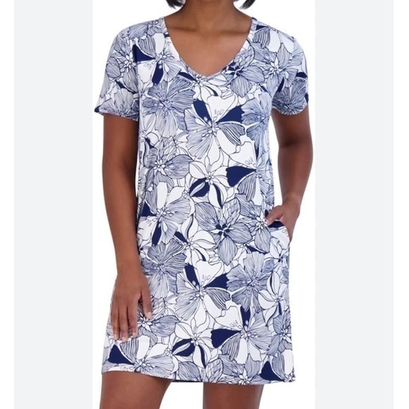 Stella Parker Navy & White Floral Short Sleeve UPF 30+ Sun Protection Dress, NWT - Picture 1 of 14